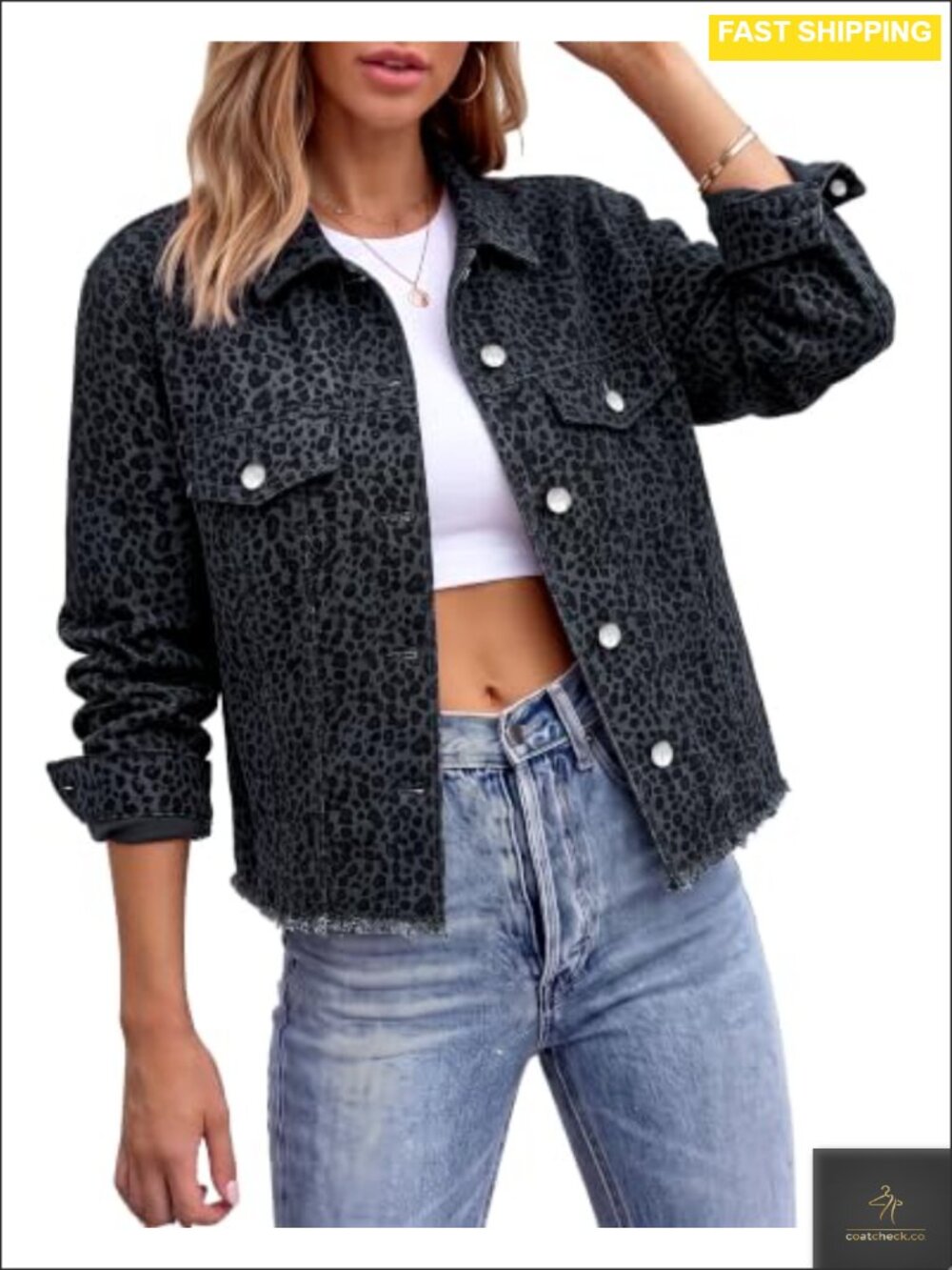 Womens Leopard Print Denim Jacket Stretchy Frayed Hem Cropped Jean Jacket